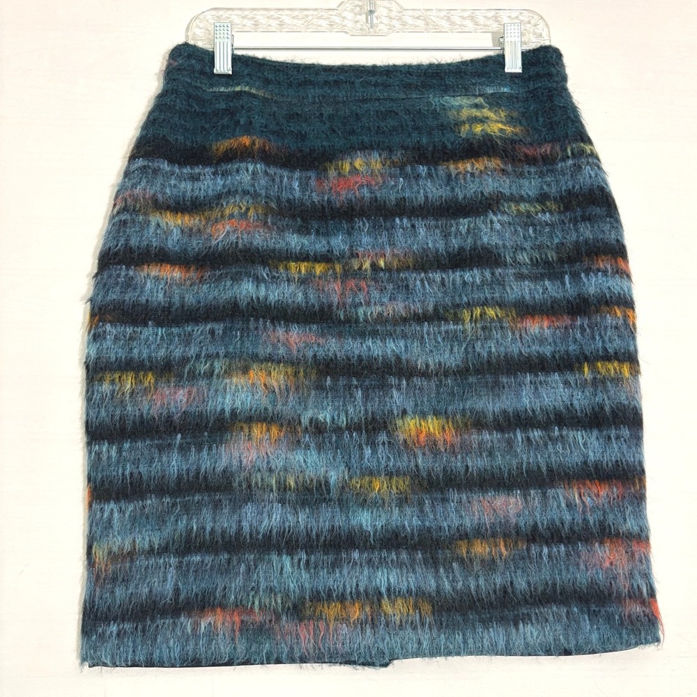 Maeve Anthropologie Fuzzy Striped Pencil Skirt Teal Blue Multi Size 10‎ USA